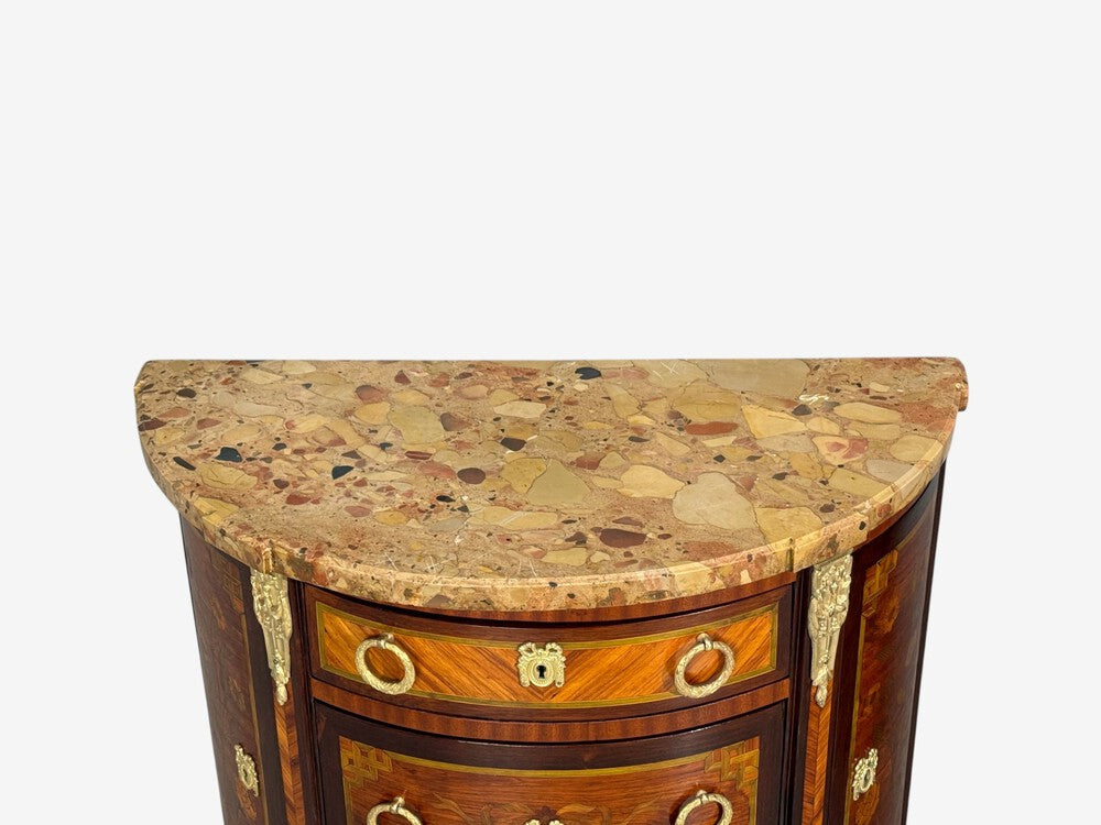 Louis XVI, Diminutive Demilune Commodes, Inlaid Wood, Bronze, France, 19th c.