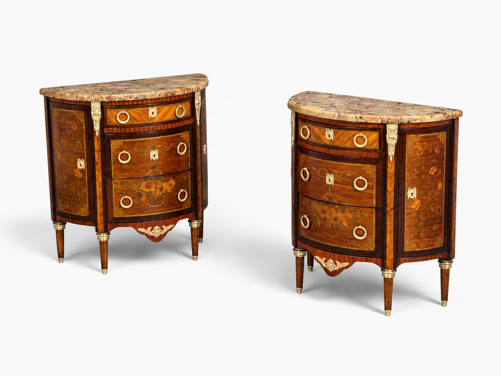 Louis XVI, Diminutive Demilune Commodes, Inlaid Wood, Bronze, France, 19th c.