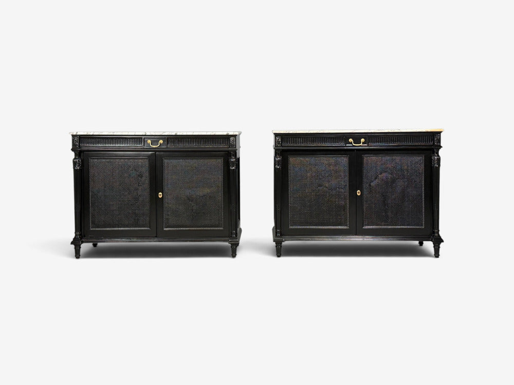 Hollywood Regency Style, Buffets, Black Painted Wood, Marble, France, 1940s
