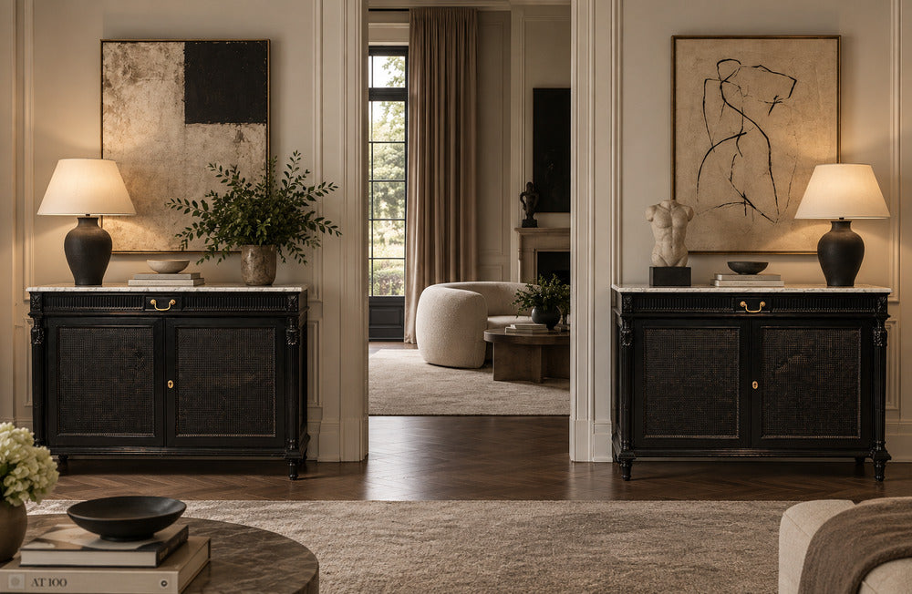 Hollywood Regency Style, Buffets, Black Painted Wood, Marble, France, 1940s