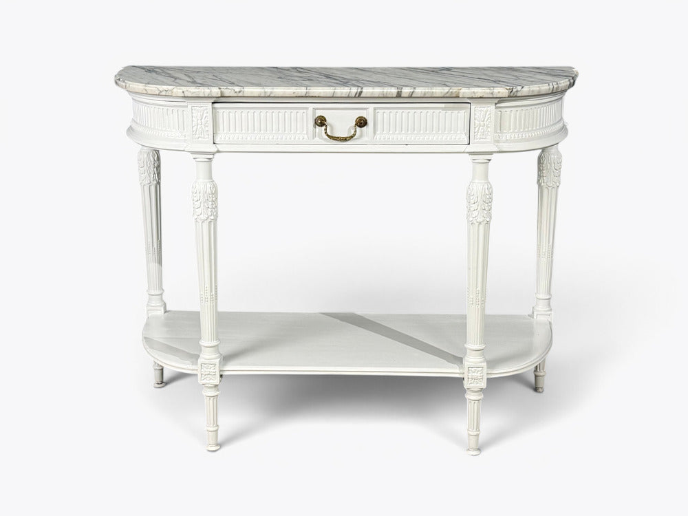 Louis XVI Style, White Demilune Console Table, Wood, Marble, France, 1960s