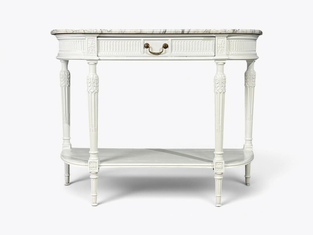 Louis XVI Style, White Demilune Console Table, Wood, Marble, France, 1960s