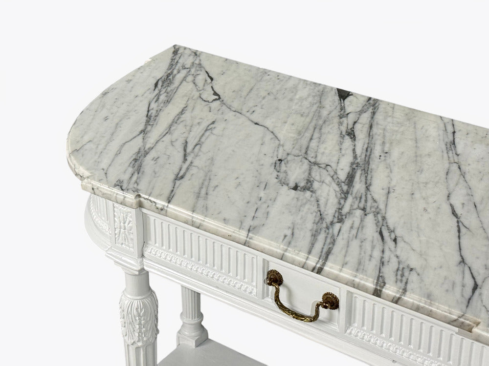 Louis XVI Style, White Demilune Console Table, Wood, Marble, France, 1960s