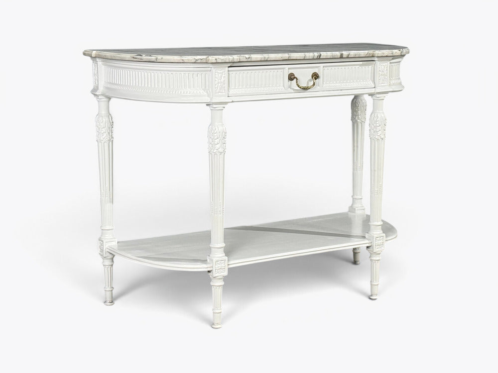 Louis XVI Style, White Demilune Console Table, Wood, Marble, France, 1960s