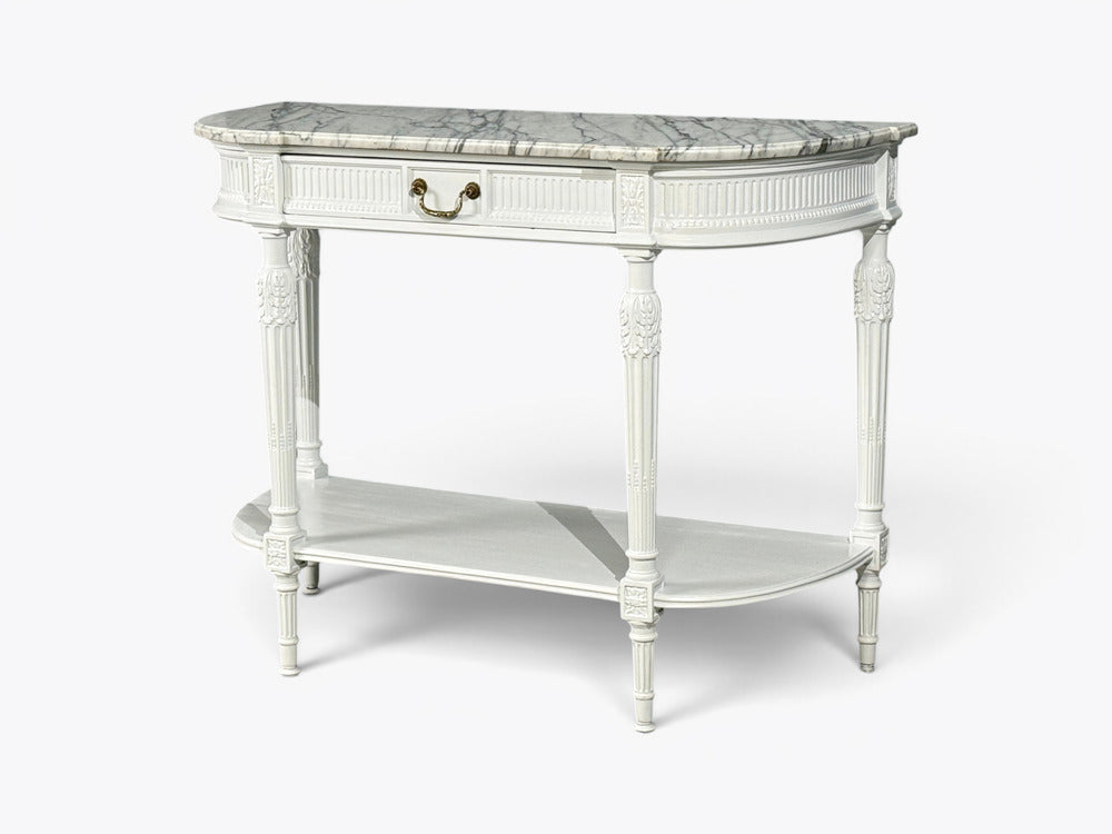 Louis XVI Style, White Demilune Console Table, Wood, Marble, France, 1960s