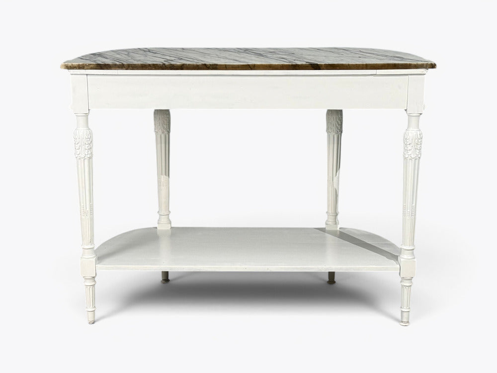 Louis XVI Style, White Demilune Console Table, Wood, Marble, France, 1960s