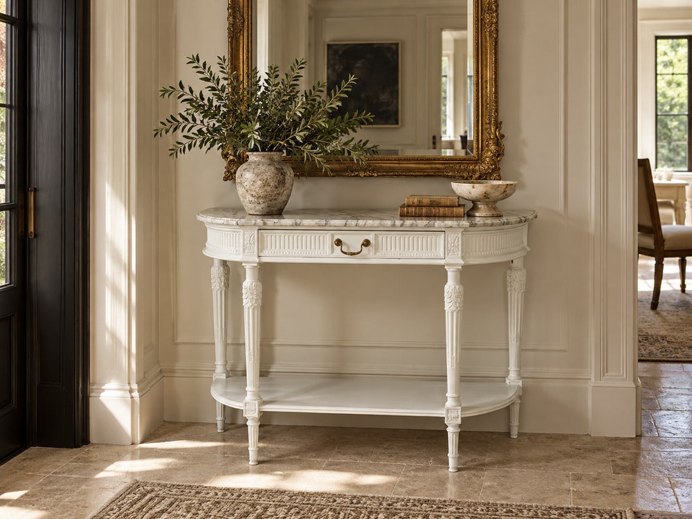 Louis XVI Style, White Demilune Console Table, Wood, Marble, France, 1960s
