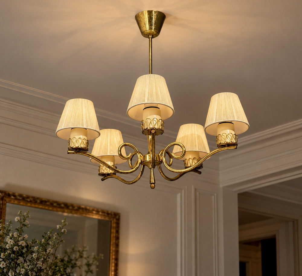 Danish Modern, Chandelier, Patinated Brass, Denmark, 1950s