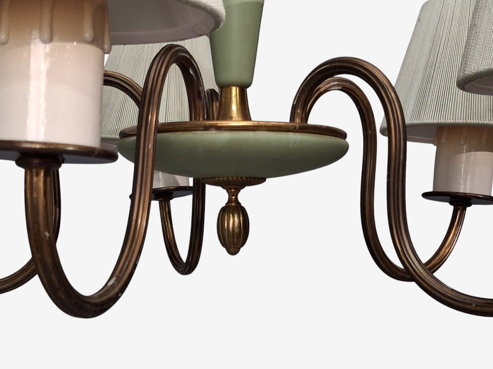 Nordiska Kompaniet, Chandelier, Green Lacquered Wood, Brass, Sweden, 1950s