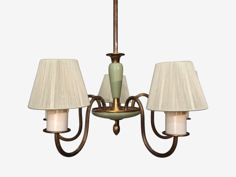 Nordiska Kompaniet, Chandelier, Green Lacquered Wood, Brass, Sweden, 1950s