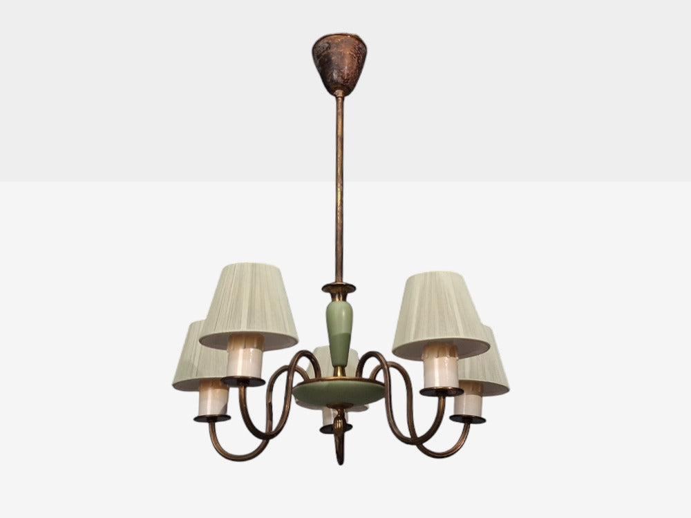Nordiska Kompaniet, Chandelier, Green Lacquered Wood, Brass, Sweden, 1950s