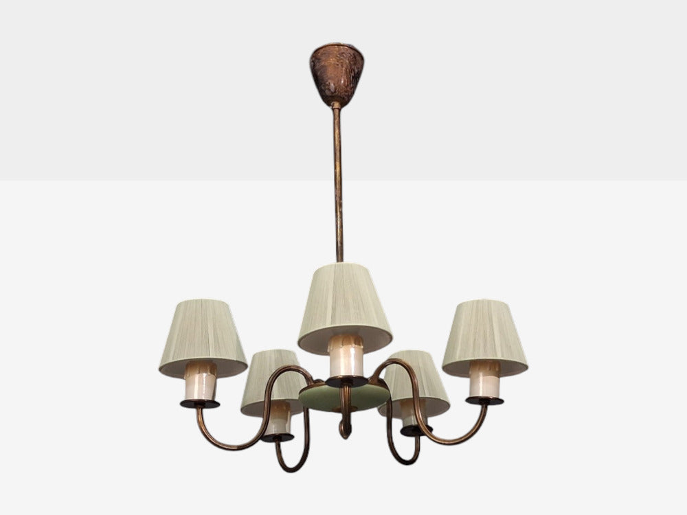 Nordiska Kompaniet, Chandelier, Green Lacquered Wood, Brass, Sweden, 1950s
