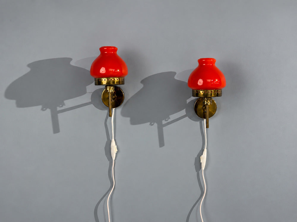 Örsjö Industri AB, Wall Lights, Brass, Orange Glass, Sweden, 1970s