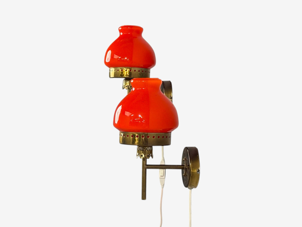 Örsjö Industri AB, Wall Lights, Brass, Orange Glass, Sweden, 1970s