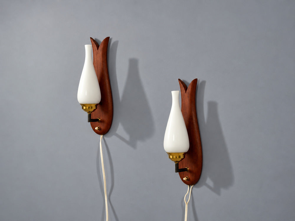 Danish Modern, Wall Lights or Sconces, Teak, Brass, Opal Glass, Denmark, 1960s