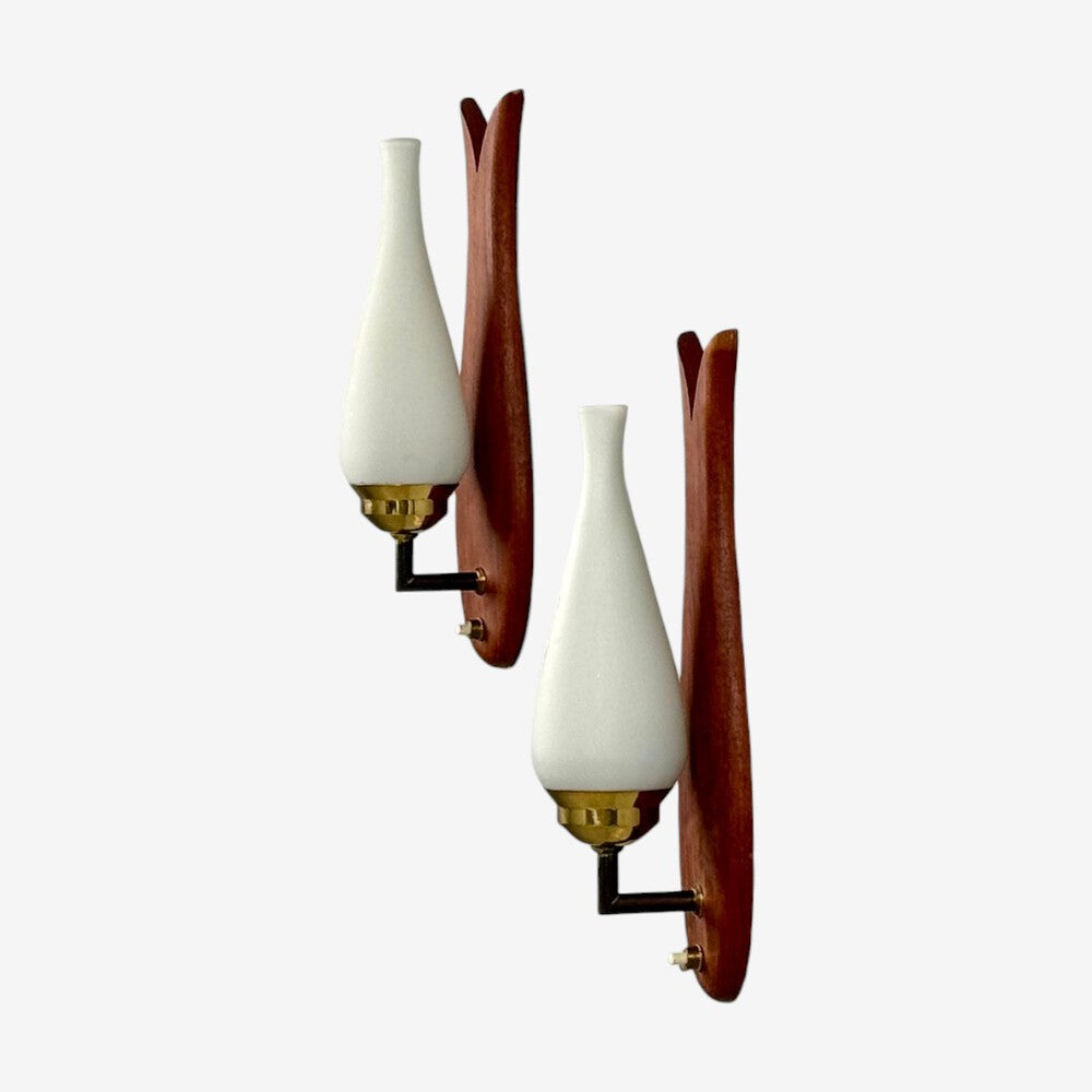 Danish Modern, Wall Lights or Sconces, Teak, Brass, Opal Glass, Denmark, 1960s