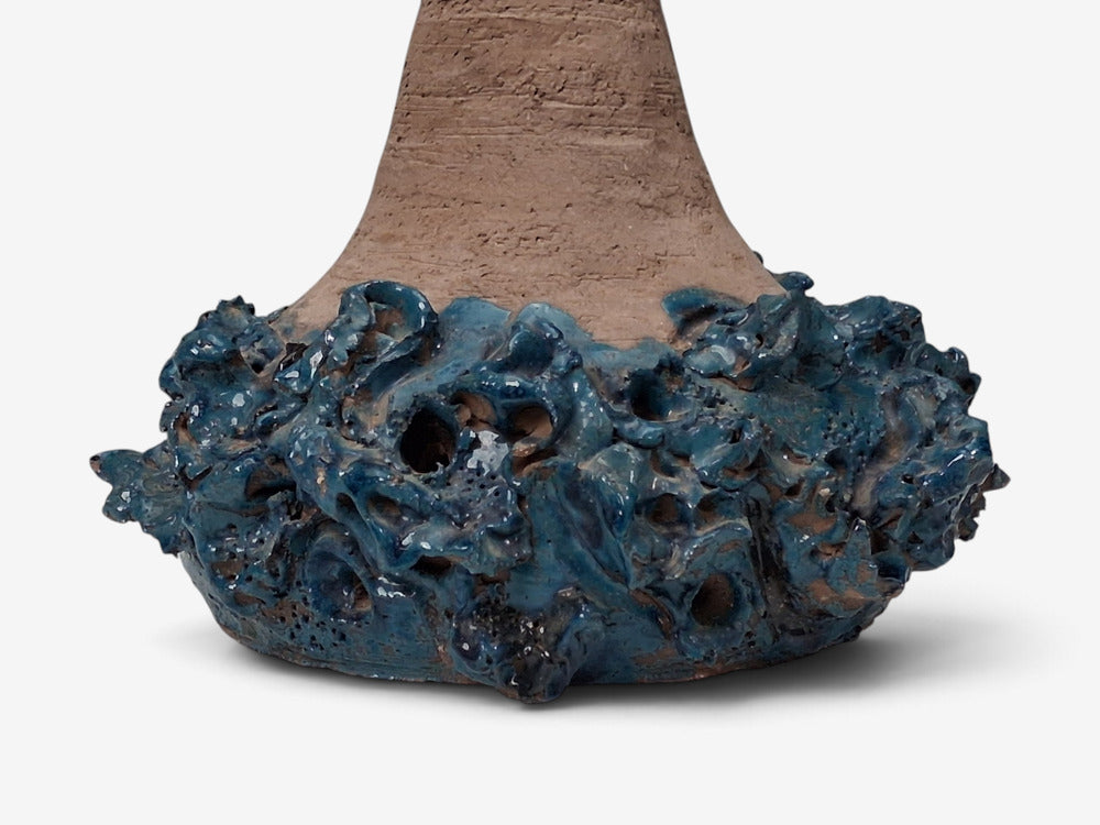 Hanne Stentøj, Large Brutalist Table Lamp, Blue Stoneware, Denmark, 1979