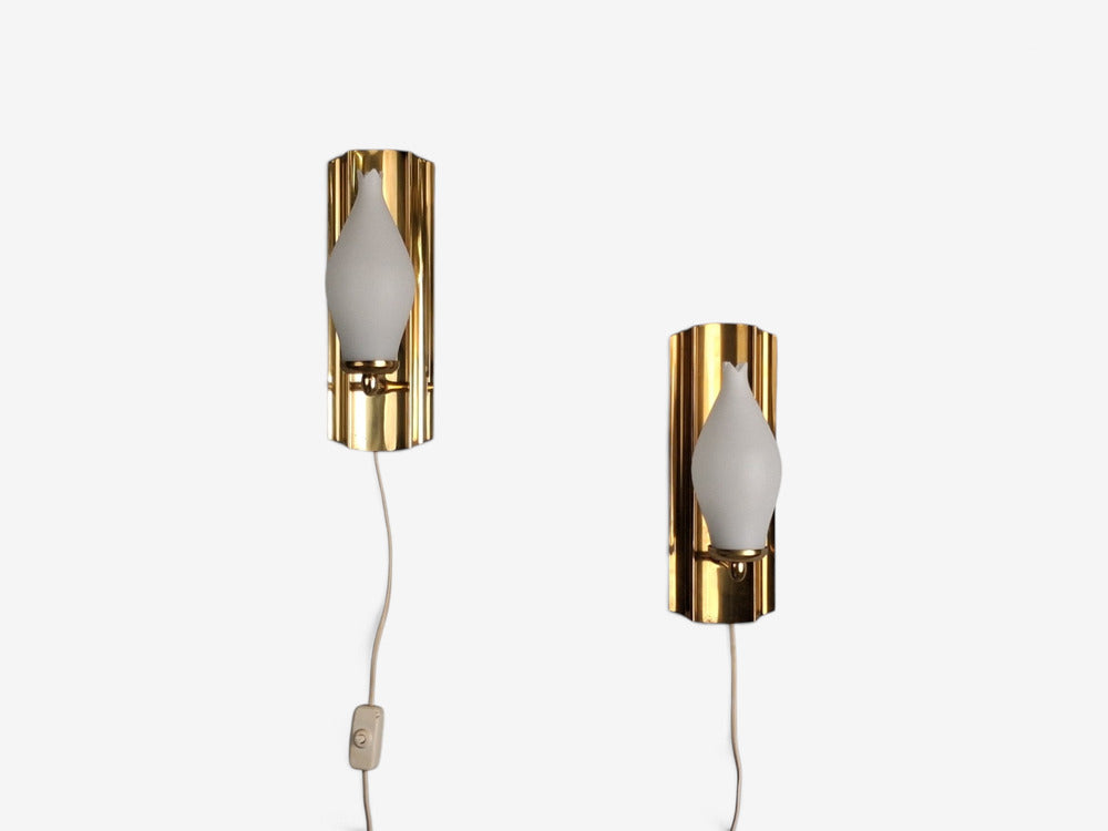 Kurant, Norwegian Modern, Wall Lights, Brass, Opaline Glass, Norway, 1960s