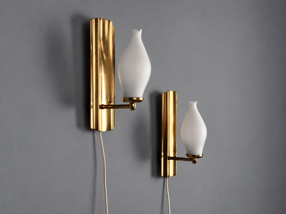 Kurant, Norwegian Modern, Wall Lights, Brass, Opaline Glass, Norway, 1960s