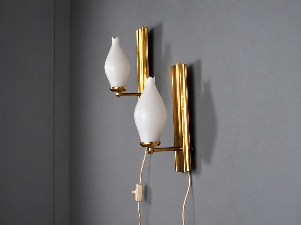 Kurant, Norwegian Modern, Wall Lights, Brass, Opaline Glass, Norway, 1960s