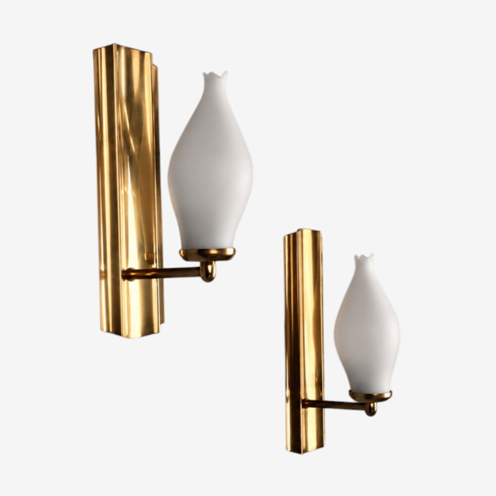 Kurant, Norwegian Modern, Wall Lights, Brass, Opaline Glass, Norway, 1960s