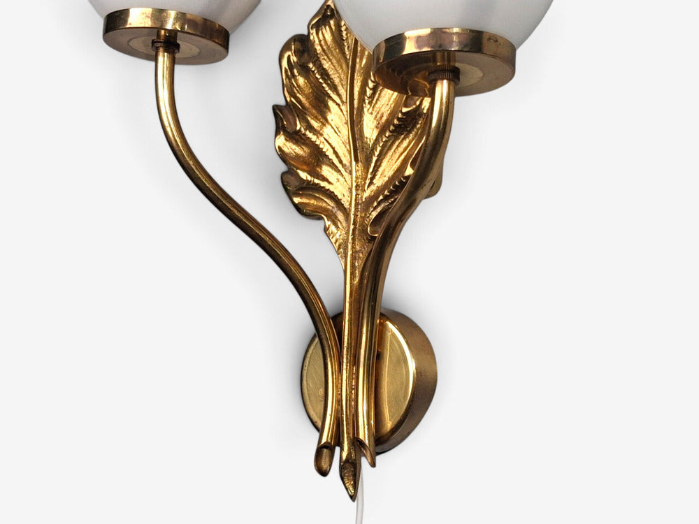 Swedish Modern, Double Wall Light, Brass, Opaline Glass, Sweden, 1950s