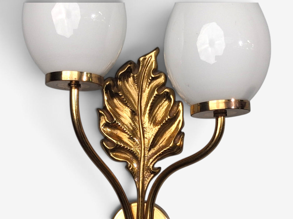 Swedish Modern, Double Wall Light, Brass, Opaline Glass, Sweden, 1950s