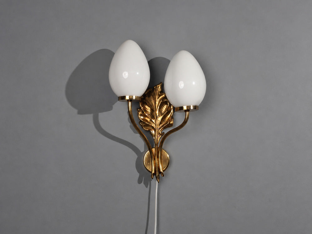 Swedish Modern, Double Wall Light, Brass, Opaline Glass, Sweden, 1950s