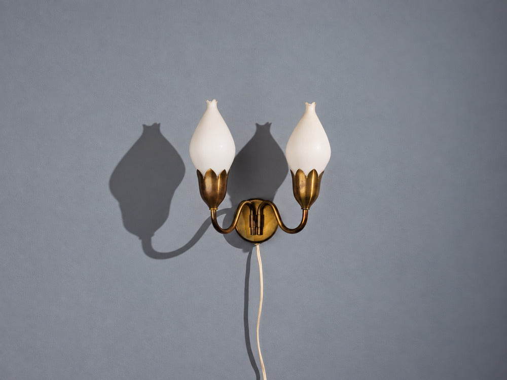 Fog & Mørup, Danish Modern, Double Wall Light, Brass, Glass, Denmark, 1950s