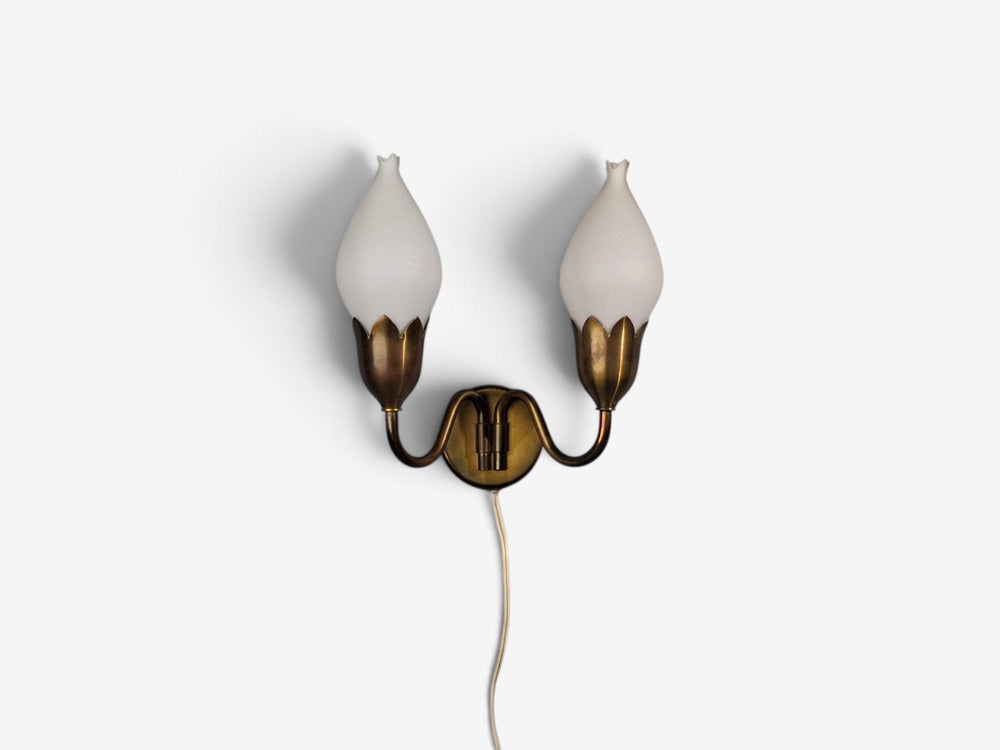 Fog & Mørup, Danish Modern, Double Wall Light, Brass, Glass, Denmark, 1950s
