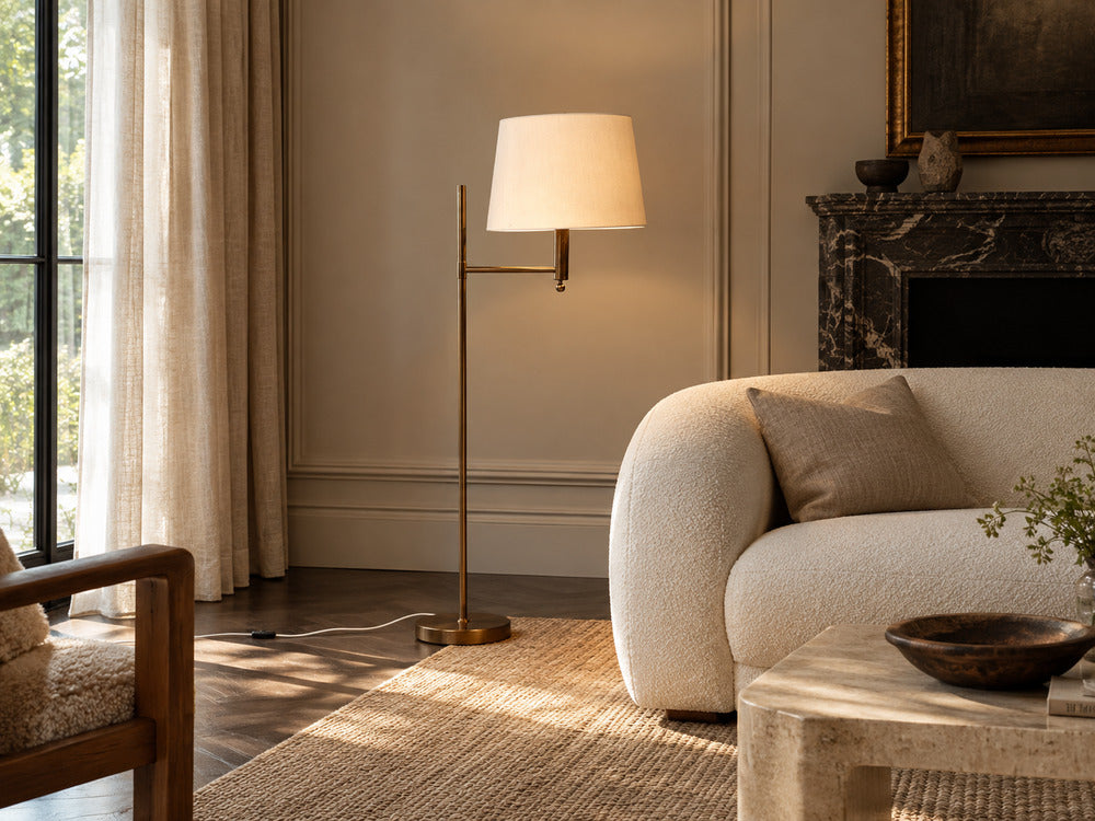 Bergboms, Swedish Modern, Floor Lamp, Brass, Fabric, Sweden, 1960s