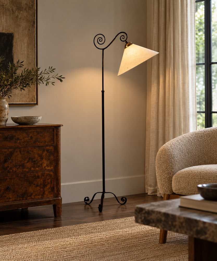 Swedish Modern, Floor Lamp, Forged Iron, Fabric, Brass, Sweden, 1950s