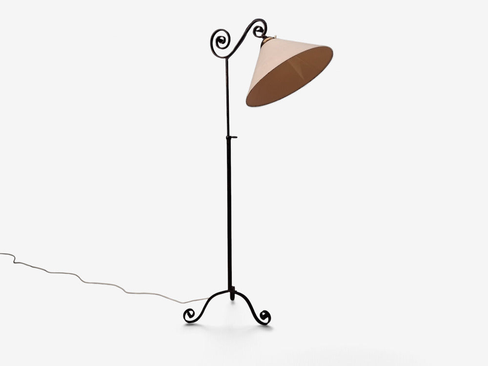 Swedish Modern, Floor Lamp, Forged Iron, Fabric, Brass, Sweden, 1950s
