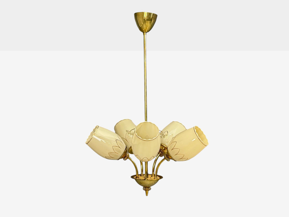 Itsu, Finnish Modern, Snowflake Chandelier, Brass, Glass, Finland, 1950s