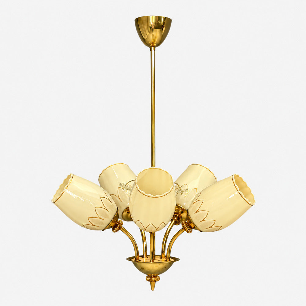 Itsu, Finnish Modern, Snowflake Chandelier, Brass, Glass, Finland, 1950s