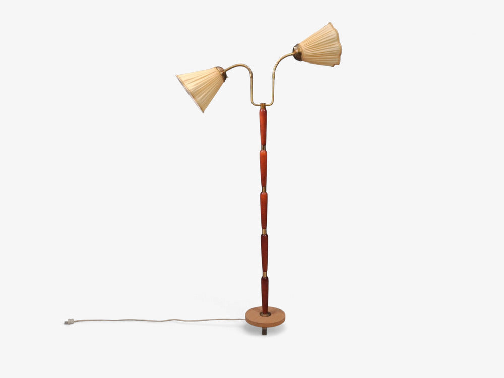 Swedish Modern, Double Light Floor Lamp, Wood, Brass, Fabric, Sweden, 1950s