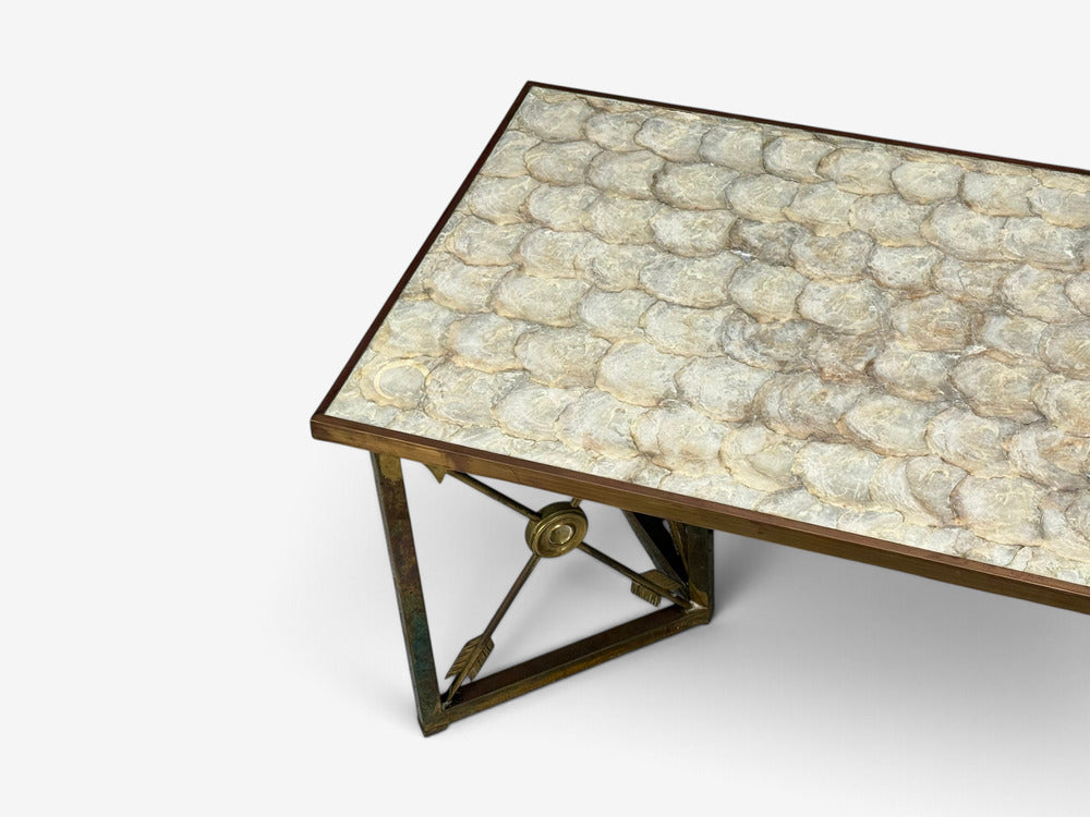 Hollywood Regency, Coffee Table, Capiz Shell, Brass, France, 1950s
