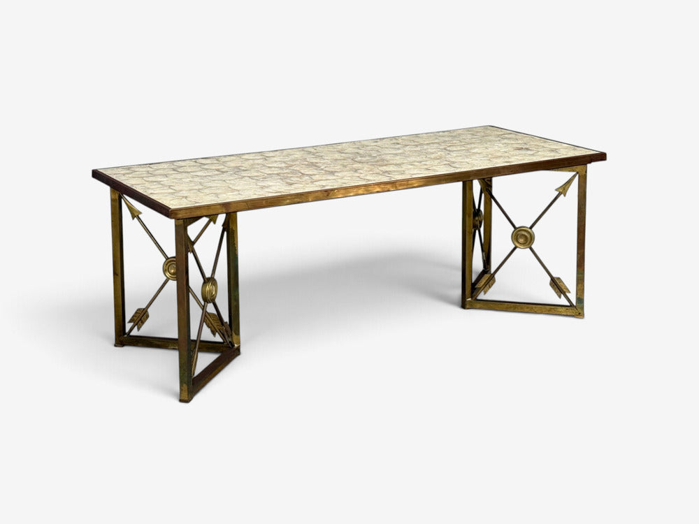 Hollywood Regency, Coffee Table, Capiz Shell, Brass, France, 1950s