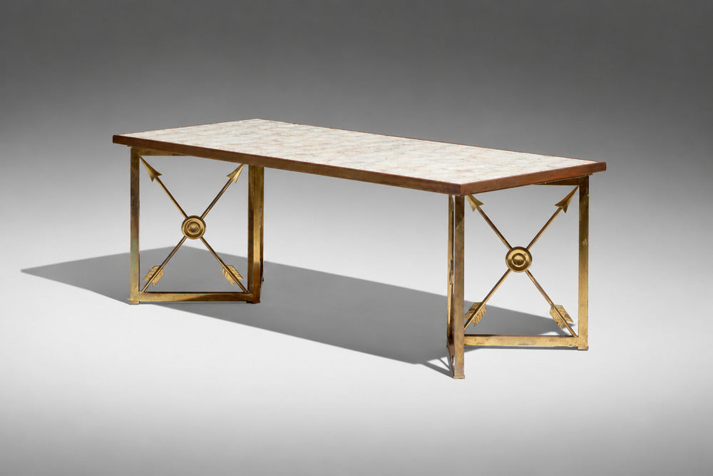 Hollywood Regency, Coffee Table, Capiz Shell, Brass, France, 1950s