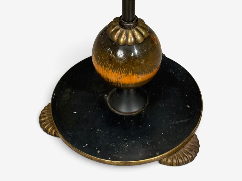 Swedish Art Deco, Floor Lamp, Patinated Brass, Wood, Fabric, Sweden, 1920s