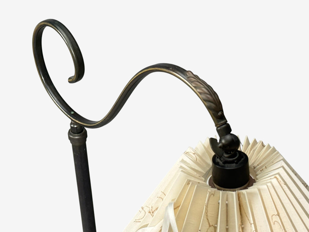 Swedish Art Deco, Floor Lamp, Patinated Brass, Wood, Fabric, Sweden, 1920s