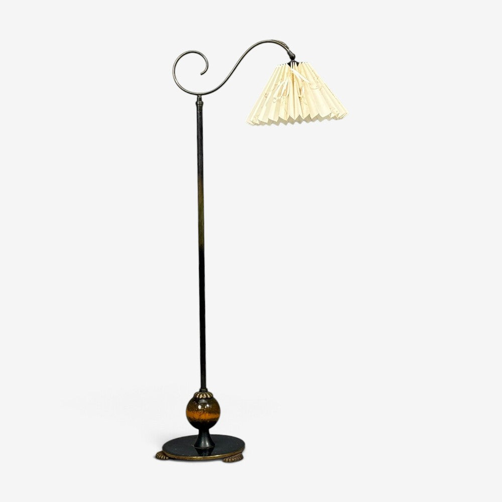 Swedish Art Deco, Floor Lamp, Patinated Brass, Wood, Fabric, Sweden, 1920s