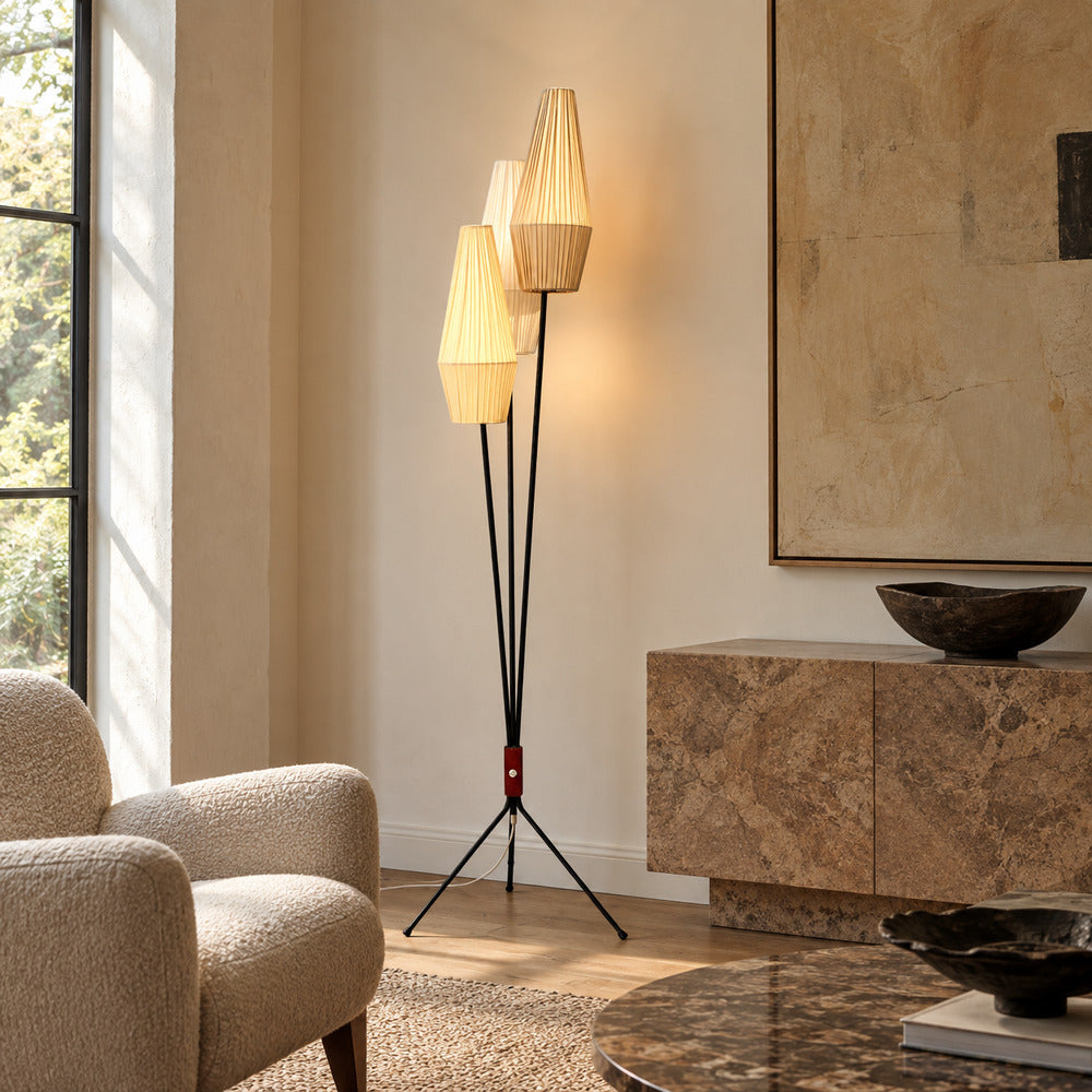 Swedish Modern, Three-Light Floor Lamp, Metal, Beige Shades, Sweden, 1950s
