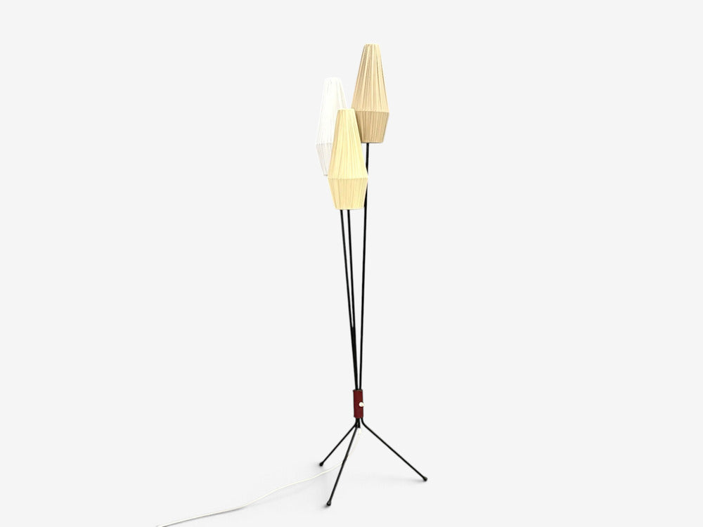 Swedish Modern, Three-Light Floor Lamp, Metal, Beige Shades, Sweden, 1950s
