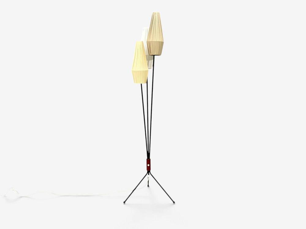 Swedish Modern, Three-Light Floor Lamp, Metal, Beige Shades, Sweden, 1950s