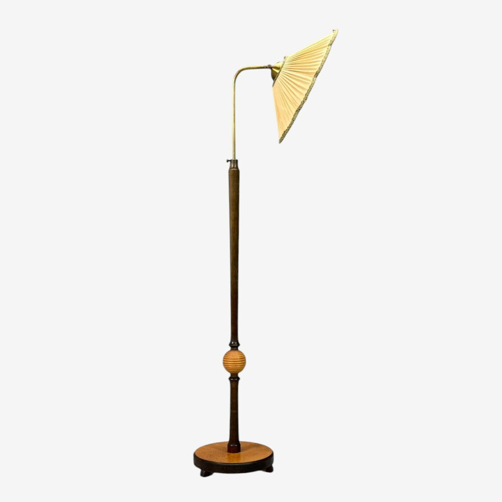 Swedish Art Deco, Adjustable Floor Lamp, Birch, Brass, Fabric, Sweden, 1930s