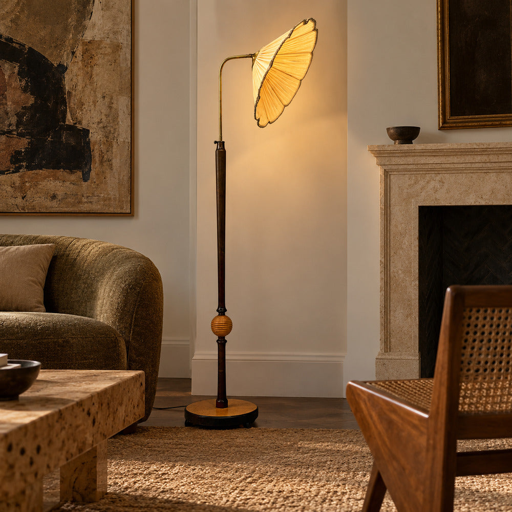 Swedish Art Deco, Adjustable Floor Lamp, Birch, Brass, Fabric, Sweden, 1930s