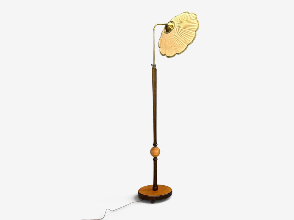 Swedish Art Deco, Adjustable Floor Lamp, Birch, Brass, Fabric, Sweden, 1930s