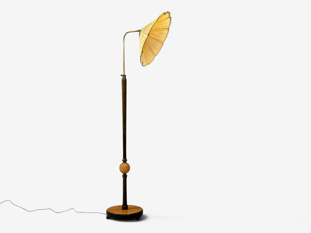 Swedish Art Deco, Adjustable Floor Lamp, Birch, Brass, Fabric, Sweden, 1930s