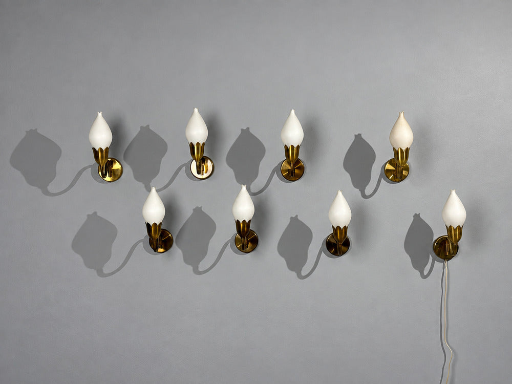 Fog & Mørup, Eight Wall Lights, Brass, Glass, Denmark, 1950s
